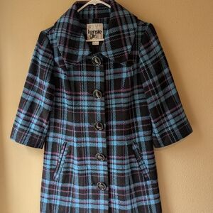 Kensie Girl Black and Blue Pea Coat with Plaid Pattern